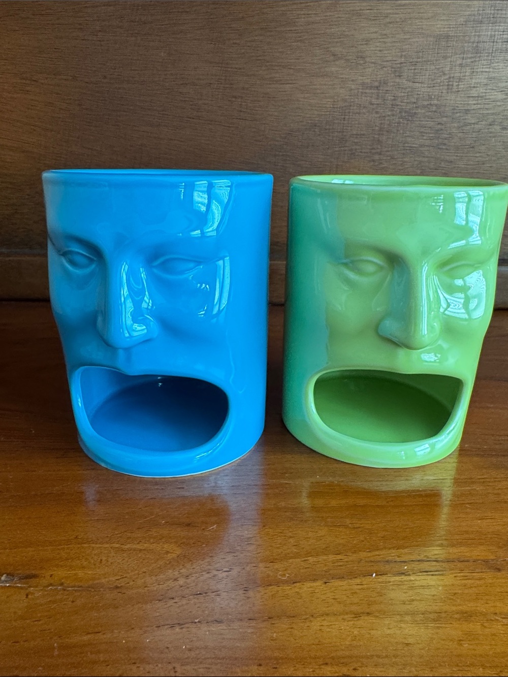Cordon Bleu Face Mugs with Cookie Snack Holders Retired Blue & Green Set Of 2